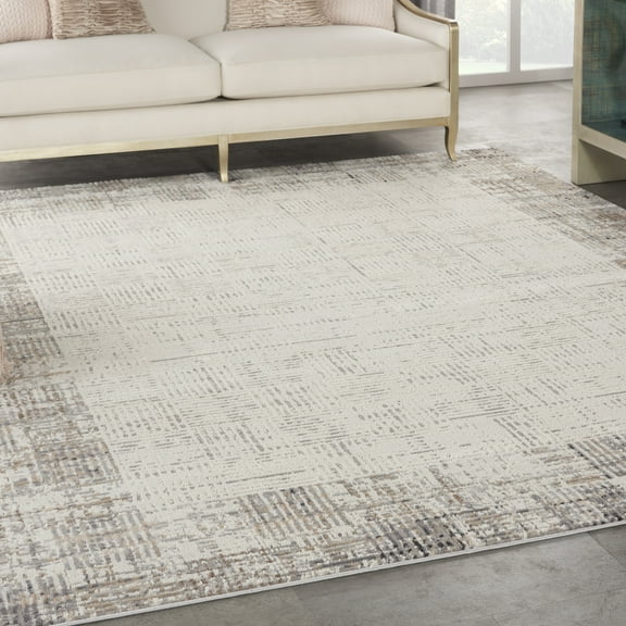 Nourison Elation Distressed Bordered Ivory Grey 9' x 12' Area Rug, (9' x 12')