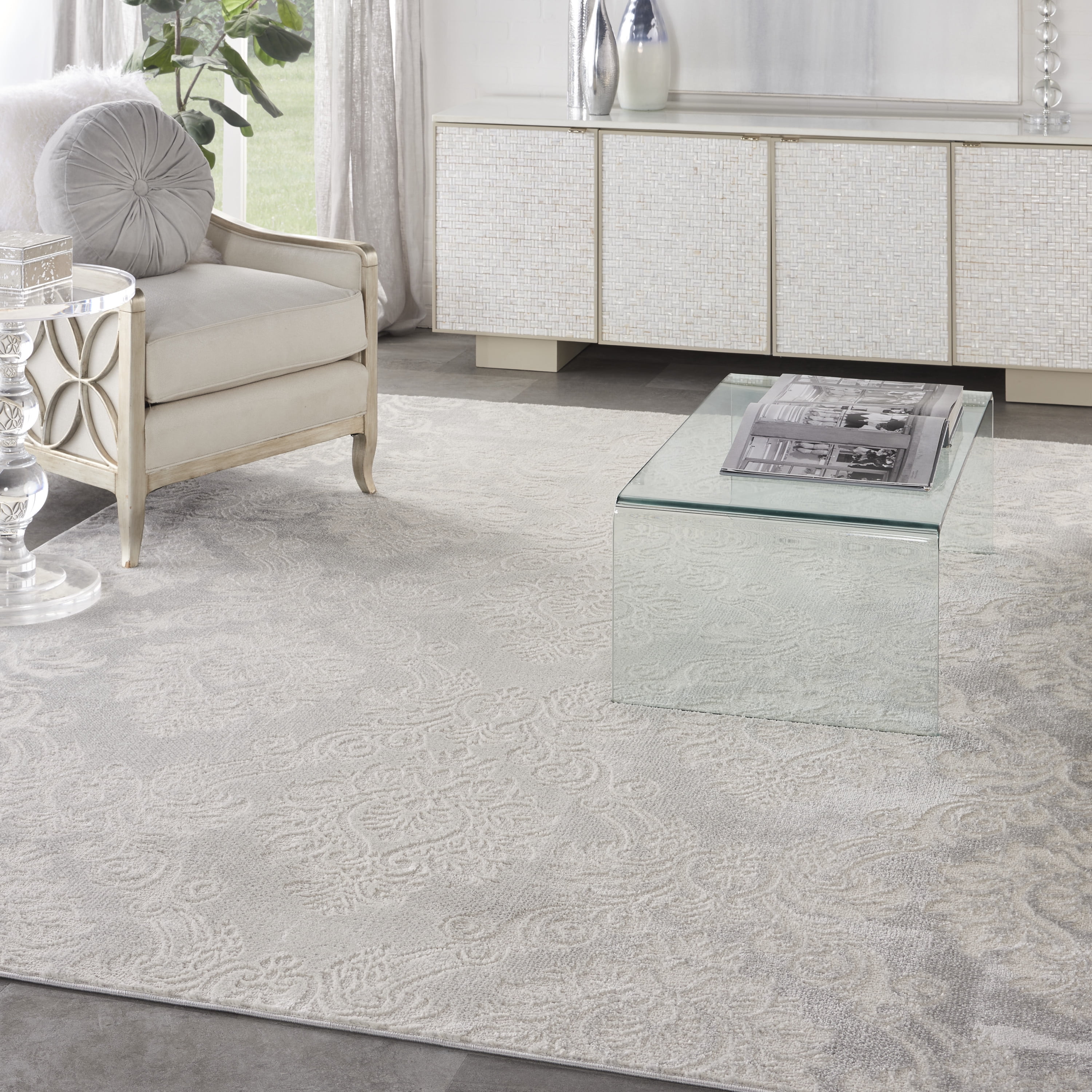 Ivory Grey Floral Damask 8' x 10' Synthetic Area Rug