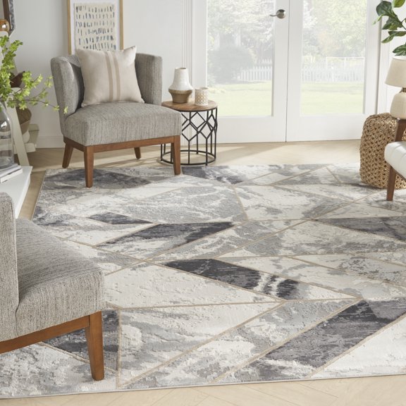 Nourison Elation Ivory/Grey 7'10" x 9'10" Area Rug, Modern, Geometric, Bed Room, Living Room, Dining Room, Kitchen, Easy Cleaning, Non Shedding,