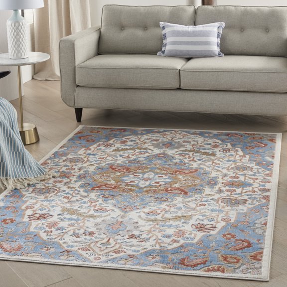 Nourison Elation Persian Floral Ivory Blue 4' x 6' Area Rug, (4' x 6')