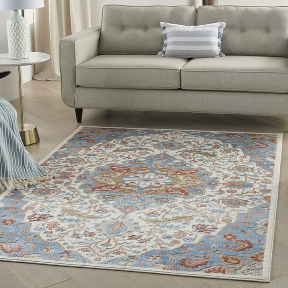 Nourison Elation Persian Floral Ivory Blue 4' x 6' Area Rug, (4' x 6')