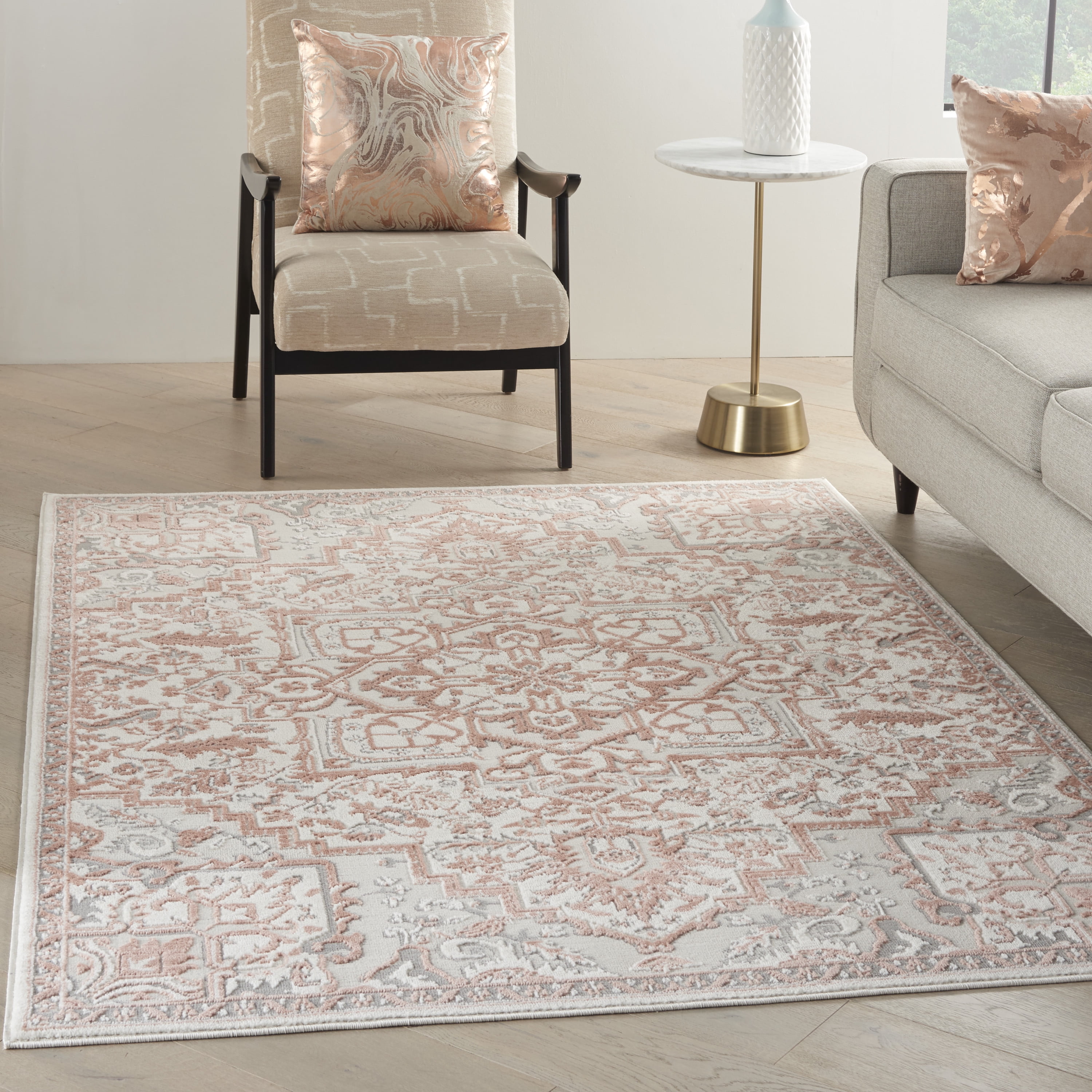 Ivory Brick Floral Synthetic 5' x 7' Area Rug