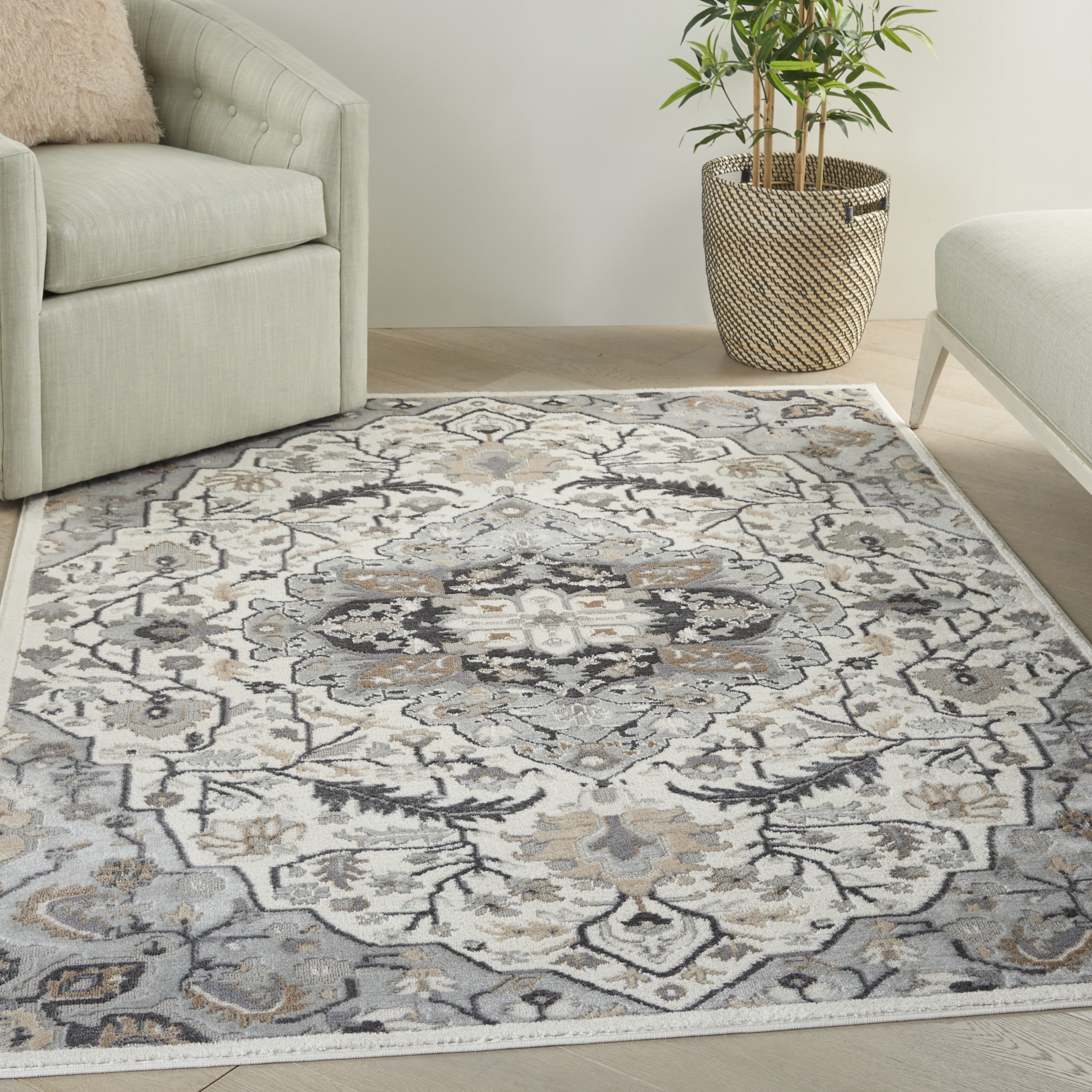Ivory Grey Floral Medallion 5'3" x 7'3" Synthetic Area Rug