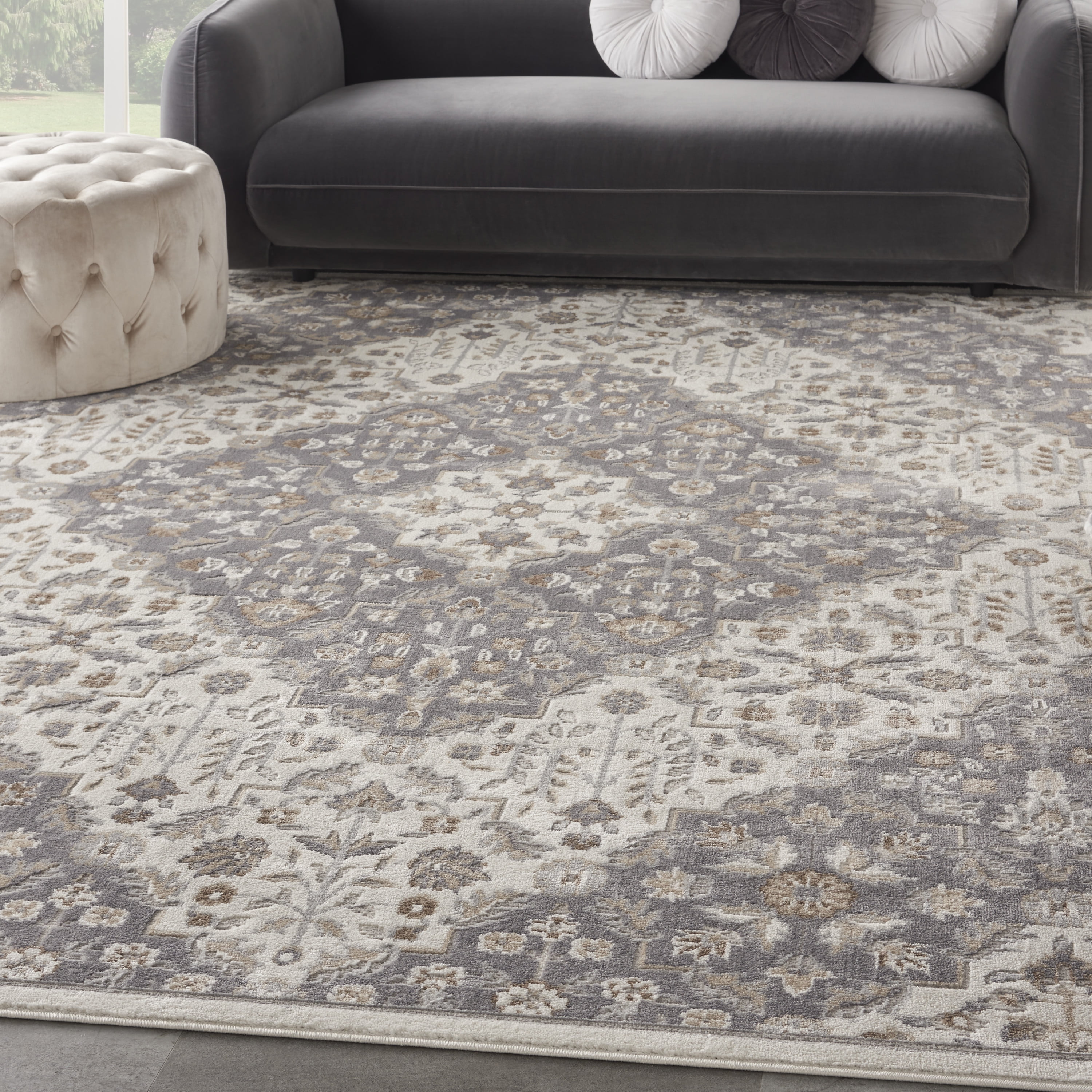 Ivory Grey Floral Synthetic 8' x 10' Area Rug