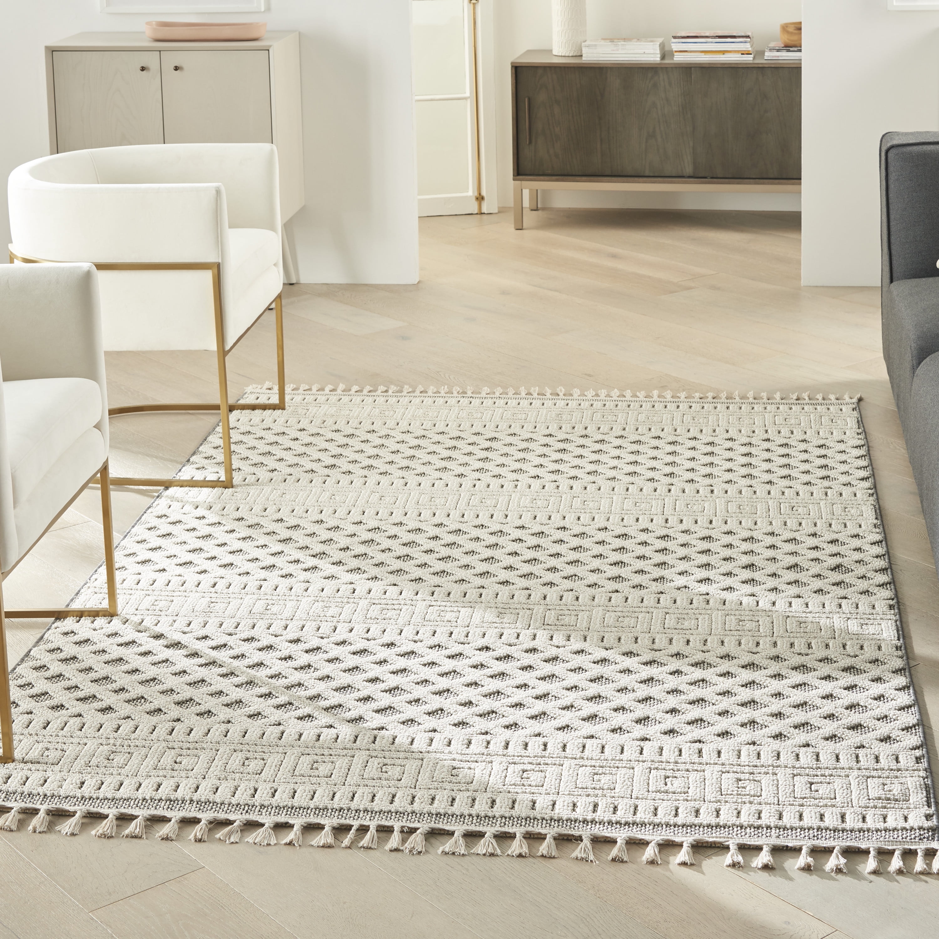 Ivory/Gray Geometric Braided Rectangular Synthetic Rug