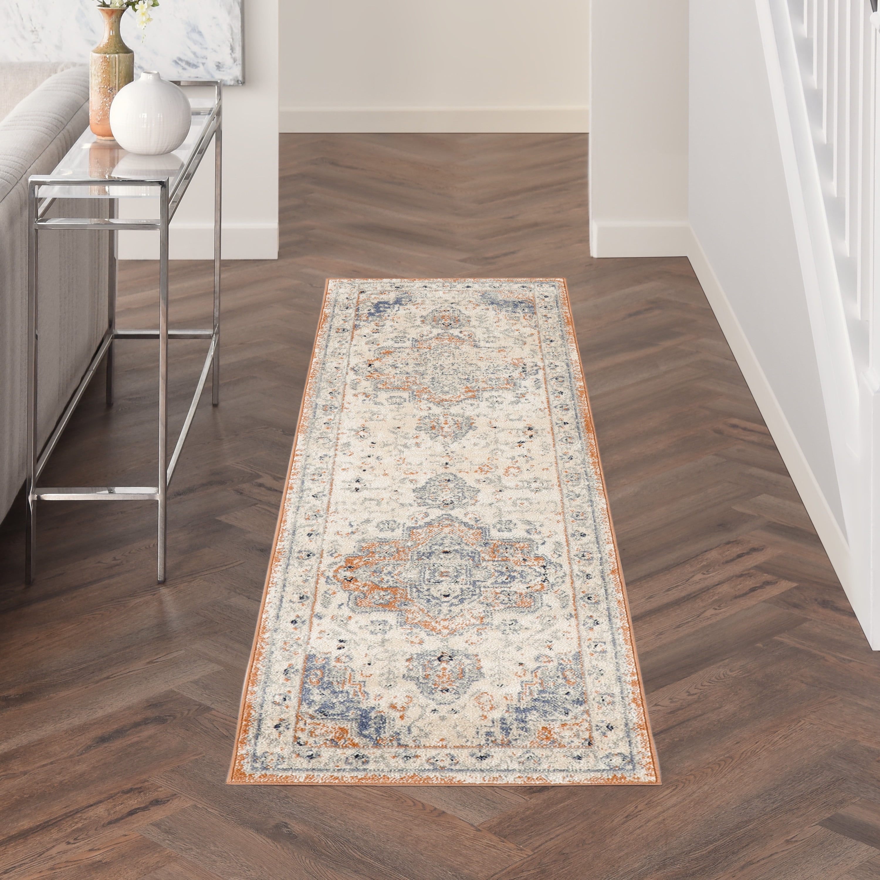 Beige Blue Persian Vintage Indoor Outdoor Runner Rug
