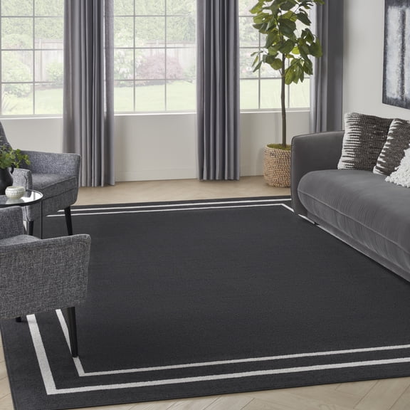 Nourison Essentials Indoor/Outdoor Black Ivory 10' x 14' Area Rug, (10x14)