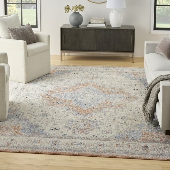 Nourison Essentials Indoor/Outdoor Distressed Beige Blue 6' x 9' Area Rug (6x9)