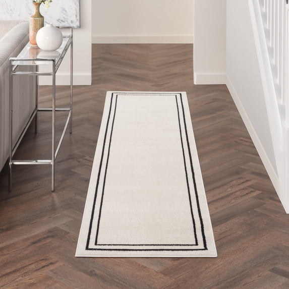 Nourison Essentials Indoor/Outdoor Ivory/Black 2'2" x 7'6 Area Rug, (2x8)
