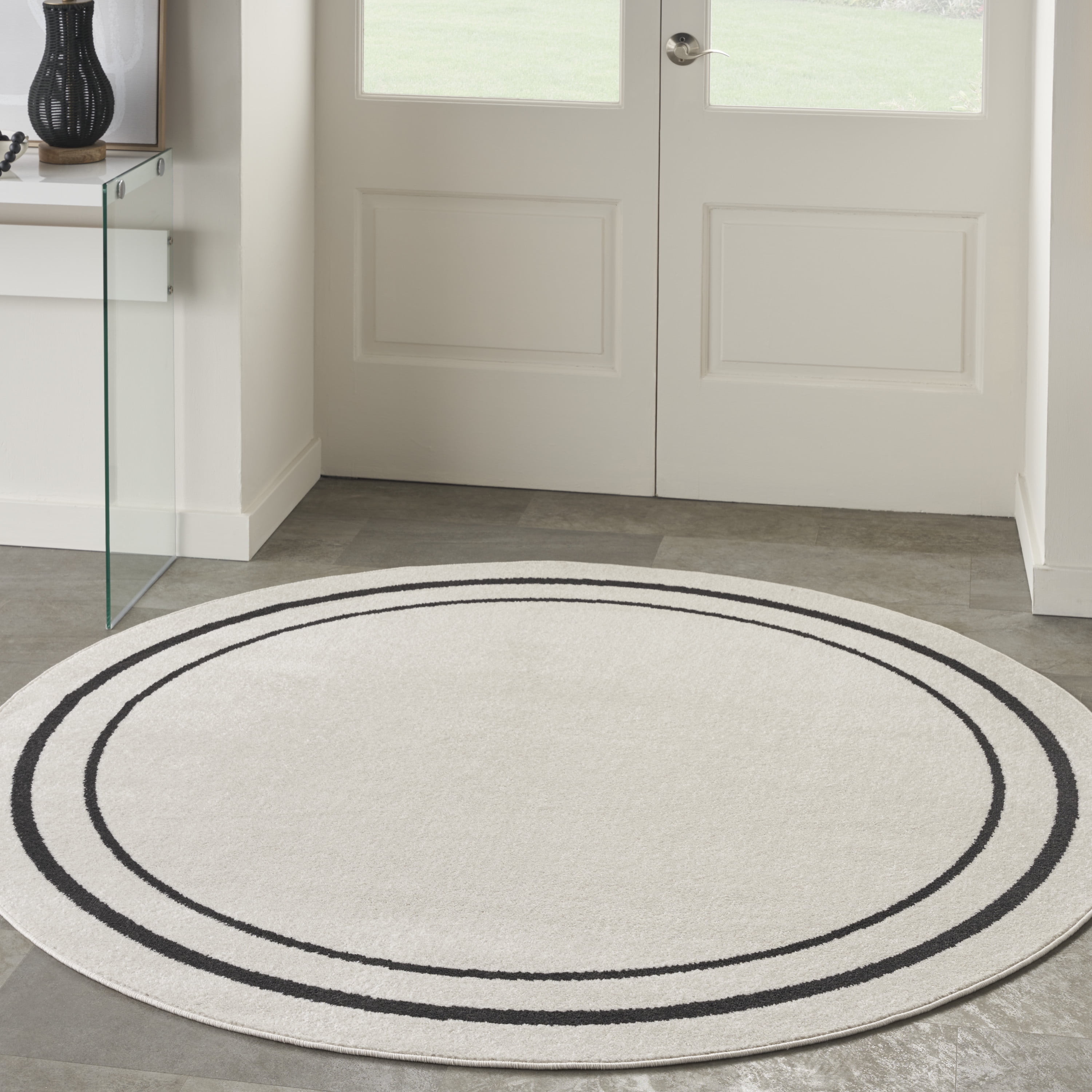 Nourison Essentials Indoor/Outdoor Ivory/Black 8' x round Area Rug, (8 ...