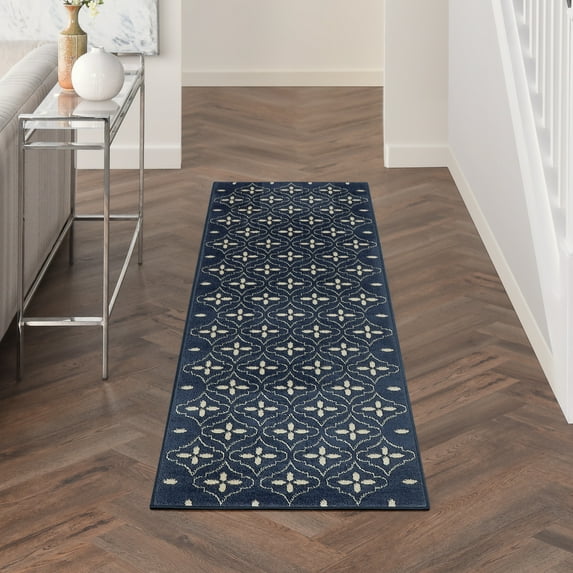 Nourison Essentials Indoor/Outdoor Navy Ivory 2'2" x 7'6" Area Rug (2x8)