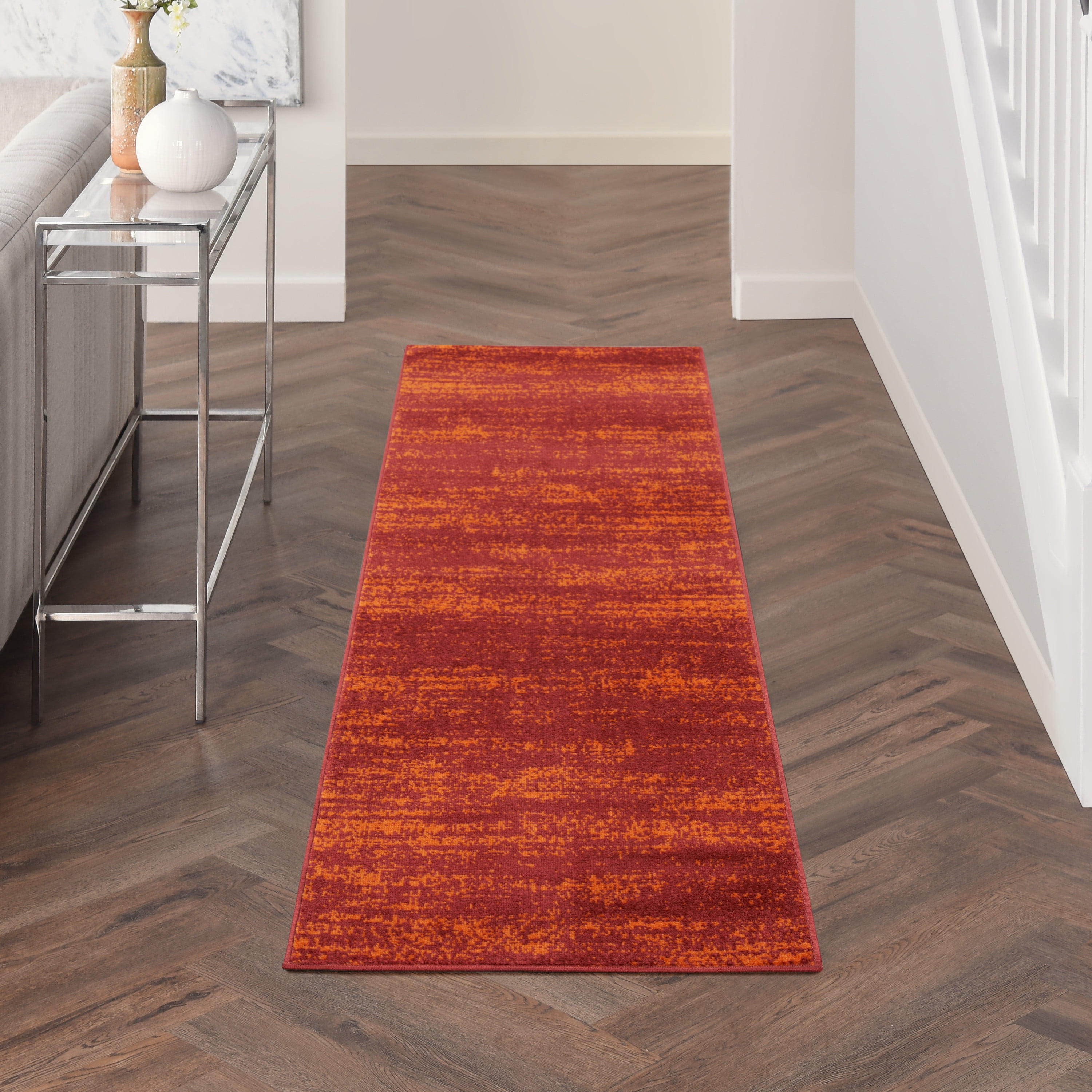 Vibrant Red Abstract Easy-Care Synthetic Runner Rug 2'x6'
