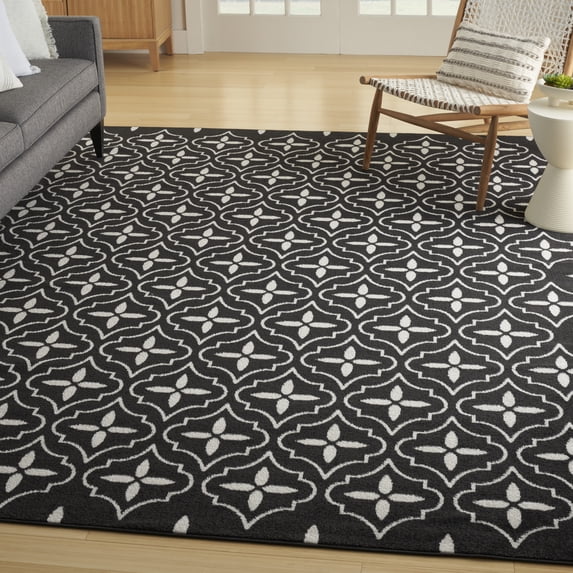 Nourison Essentials Outdoor Black Ivory 6' x 9' Area Rug (6x9)