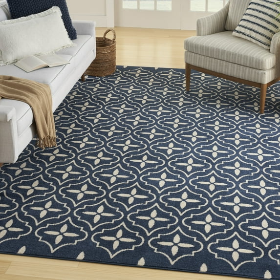 Nourison Essentials Outdoor Navy Ivory 8' x 10' Area Rug (8x10)