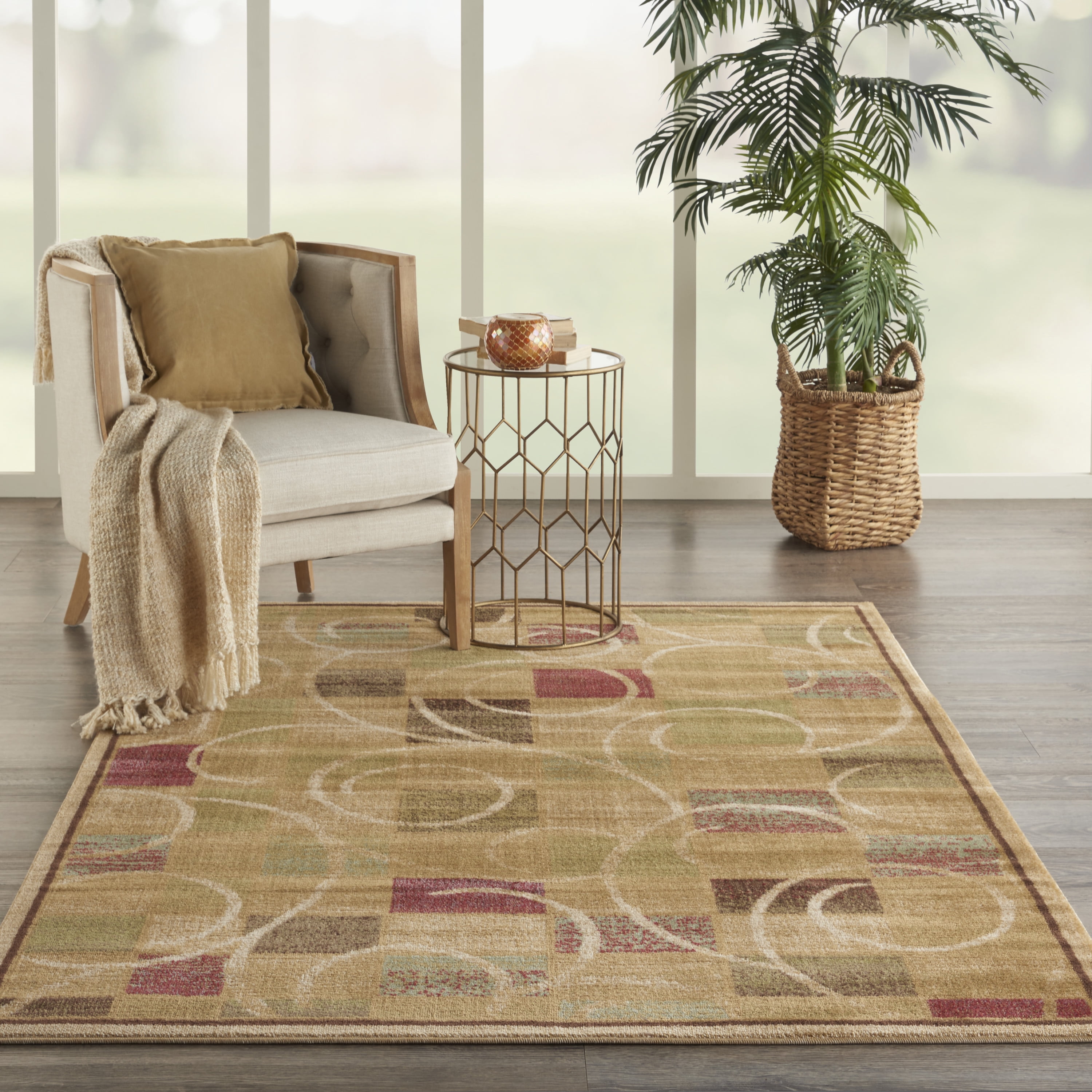 Beige Abstract Tufted Synthetic 10'x10' Easy-Care Area Rug