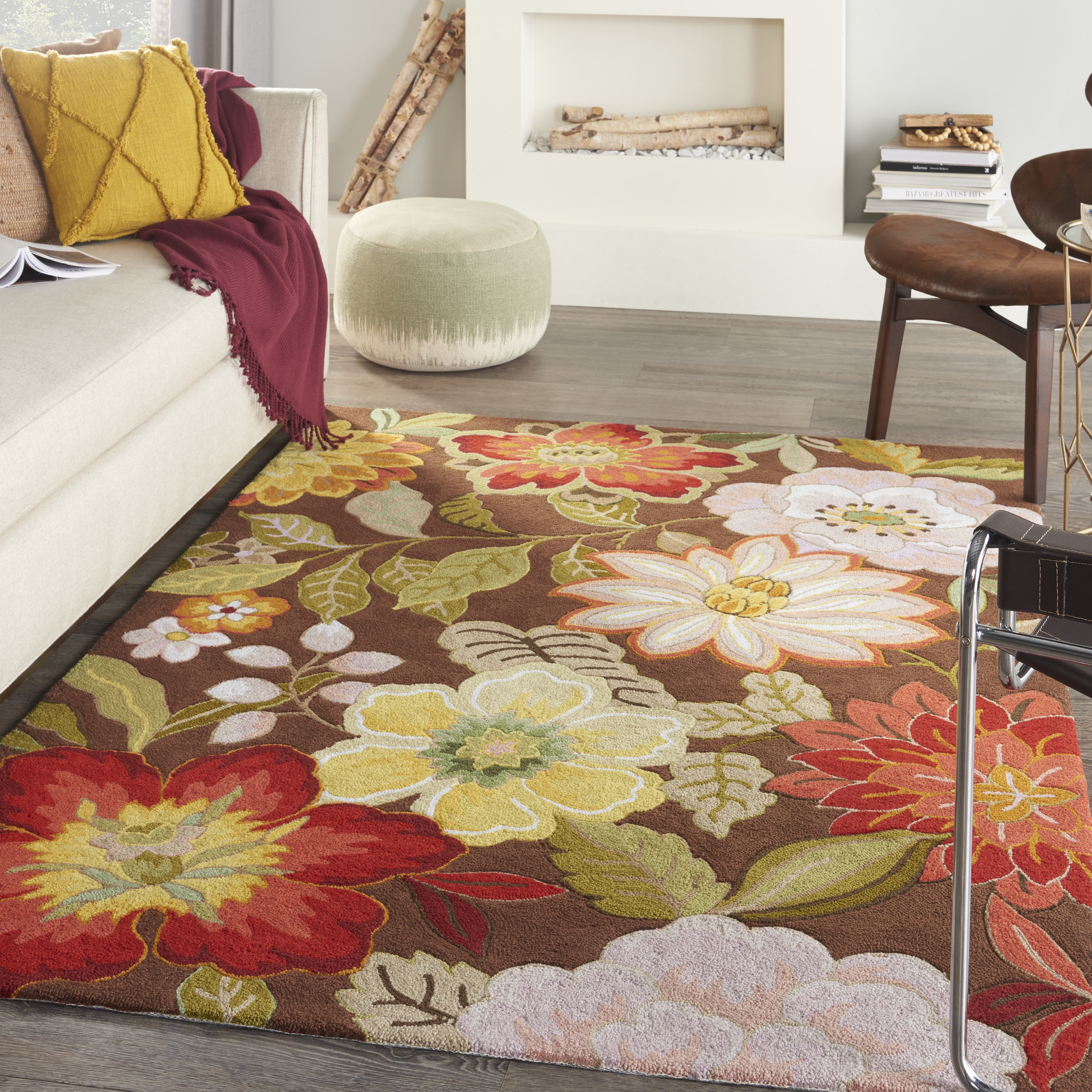 Floorsense Area Rug Nourison Fantasy Floral Chocolate Area Rug, Hand-Hooked, Carved, 5' x 7 ...