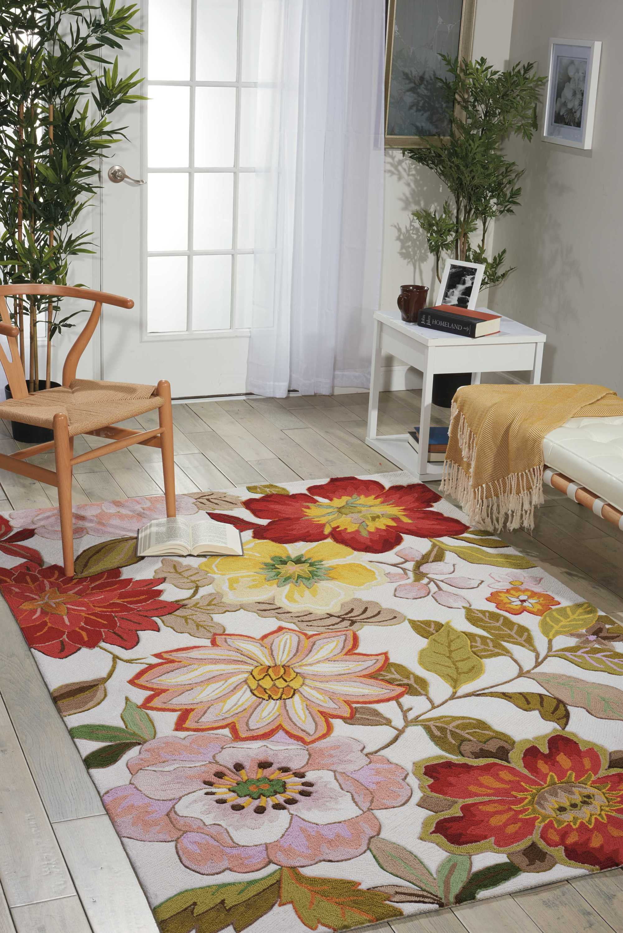 Ivory Floral Tufted Large Synthetic Area Rug - Easy Care