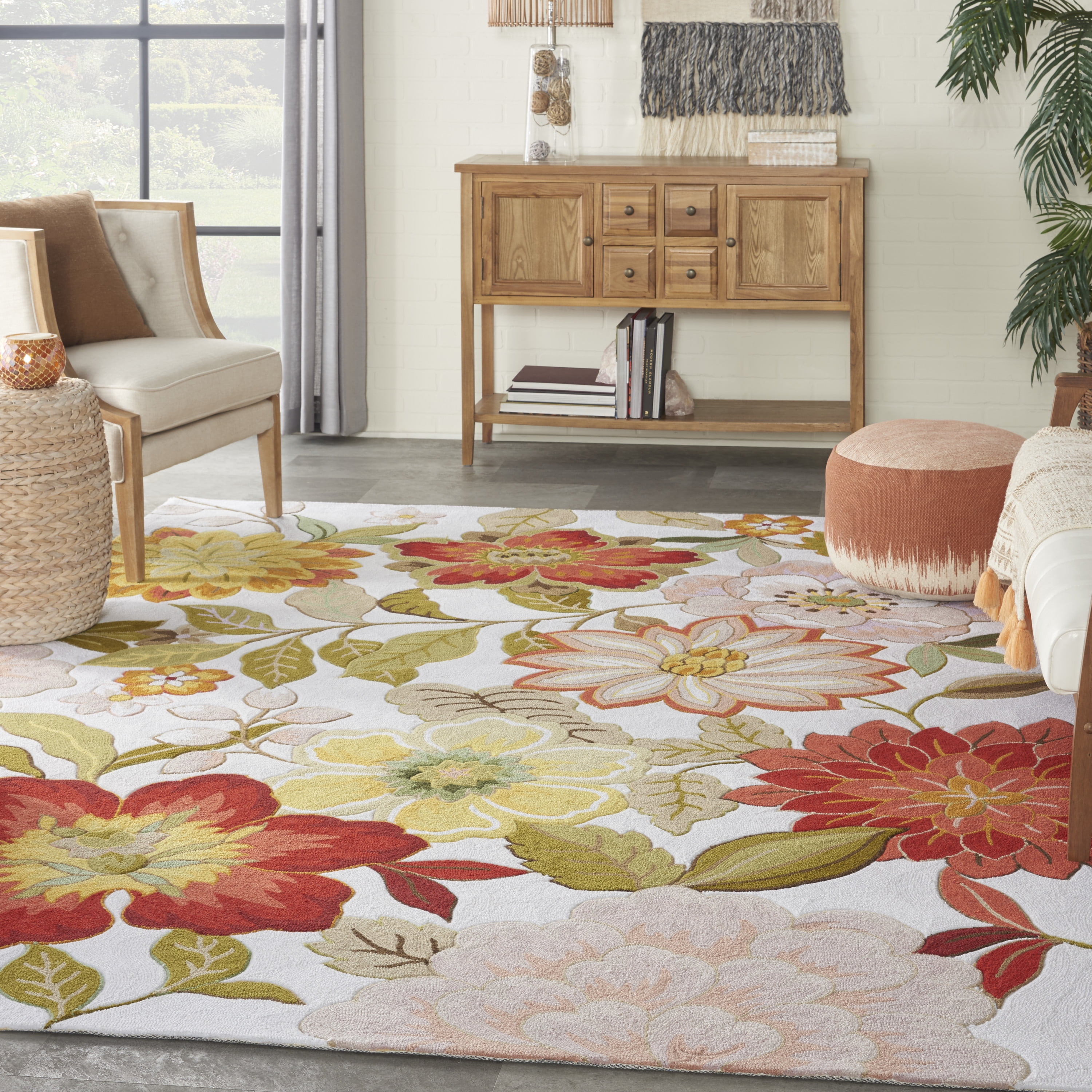 Ivory Floral Handmade Tufted Round XXL Area Rug