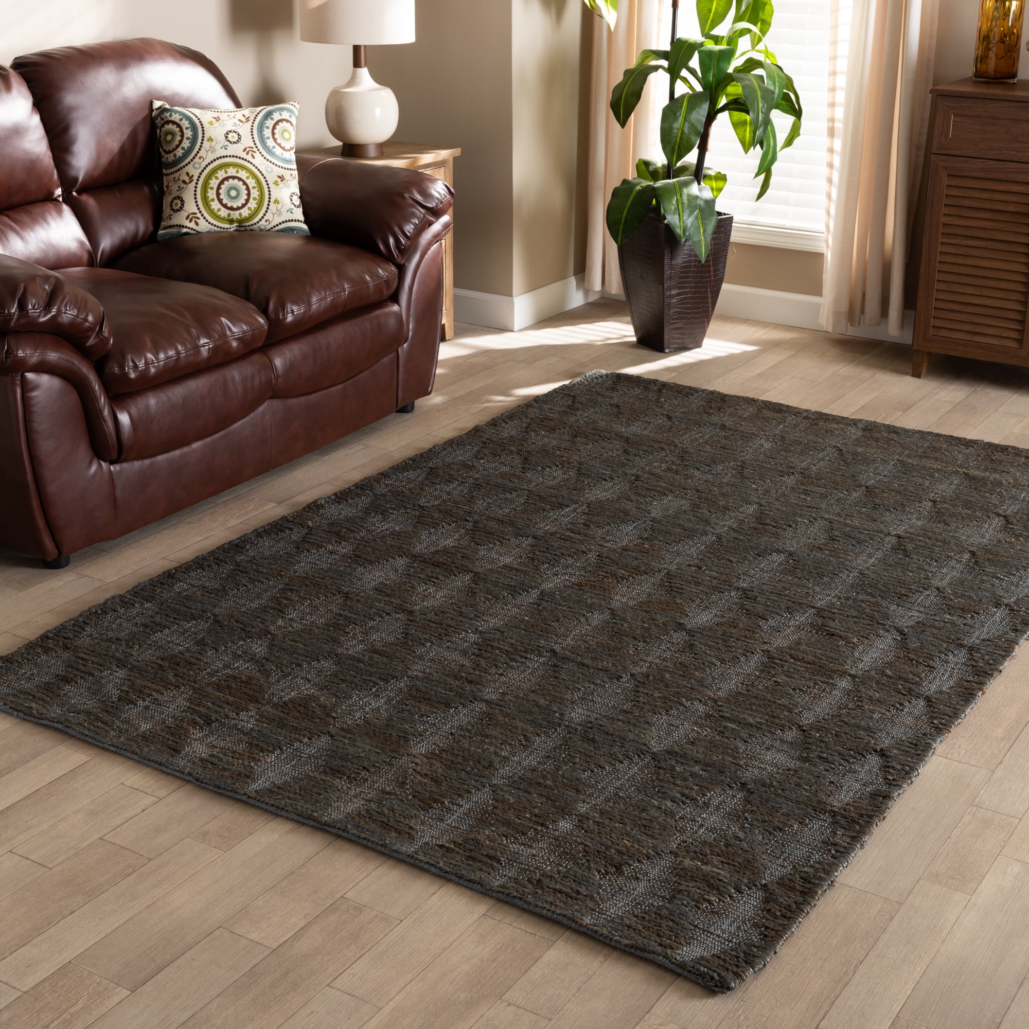 Baxton Studio Burma Modern and Contemporary Dark Grey Hand-Knotted Hemp Area Rug