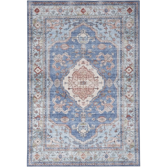Nourison Fulton Bordered Medallion Non-Slip Flatwoven Indoor Rug Blue 5' x 7'