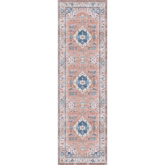 Nourison Fulton Bordered Medallion Non-Slip Flatwoven Indoor Rug Coral 2'3" x 7'6"