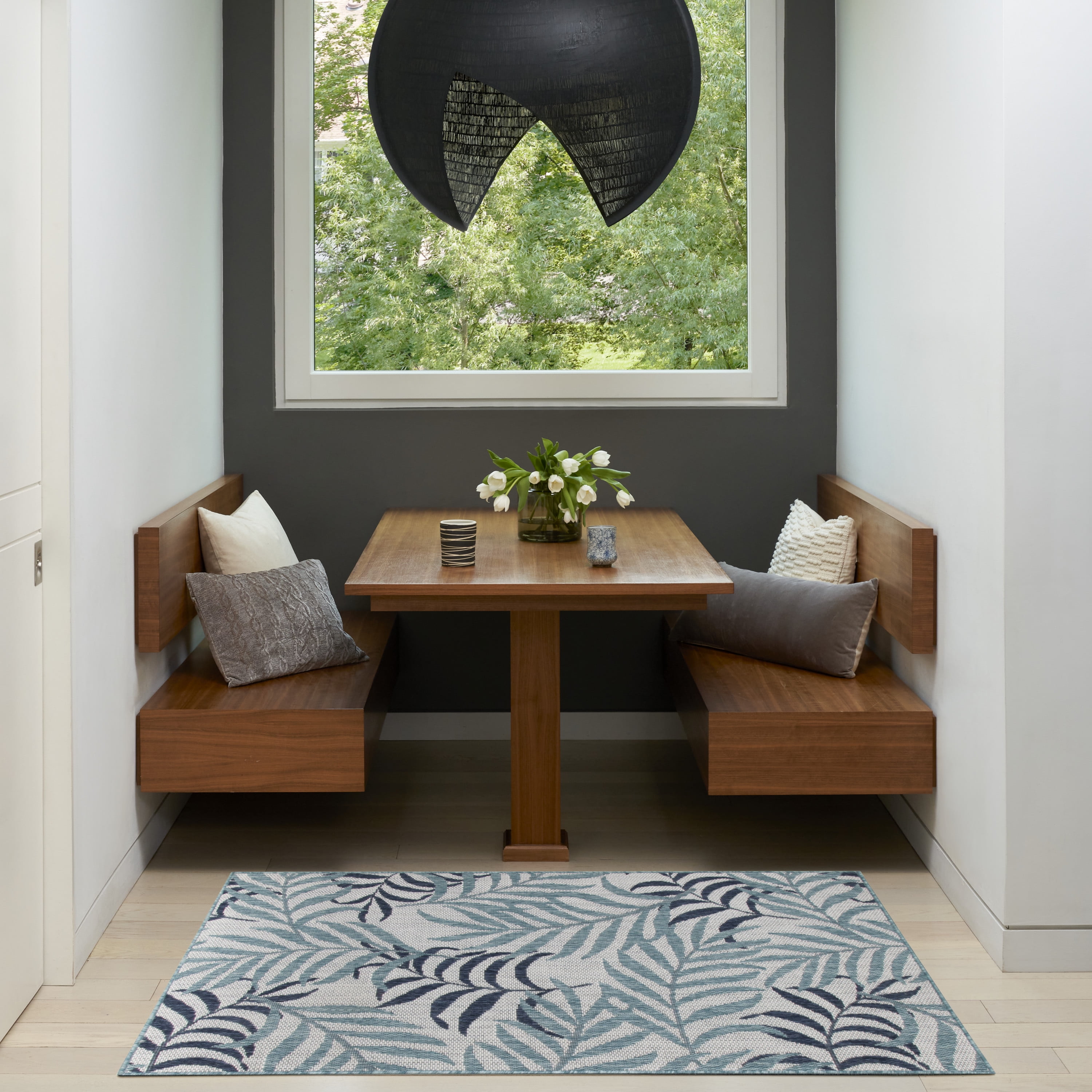 Blue and White Rectangular Synthetic Tropical Outdoor Rug 3' x 5'