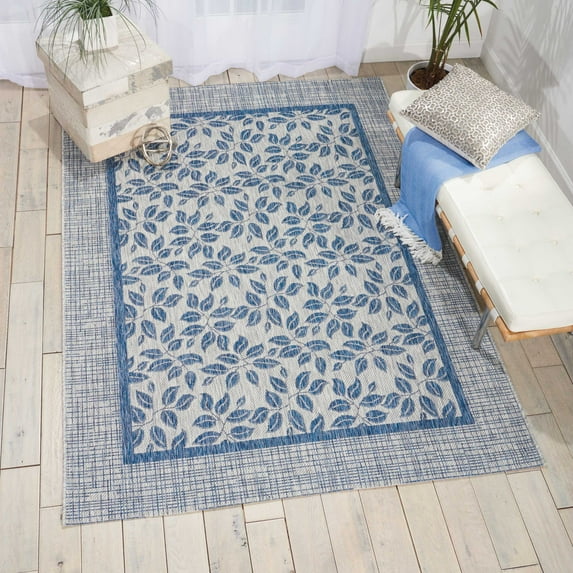 Nourison Garden Party Indoor/Outdoor Bordered Botanical Ivory/Blue 3'6" x 5'6" Area Rug, (4' x 6')