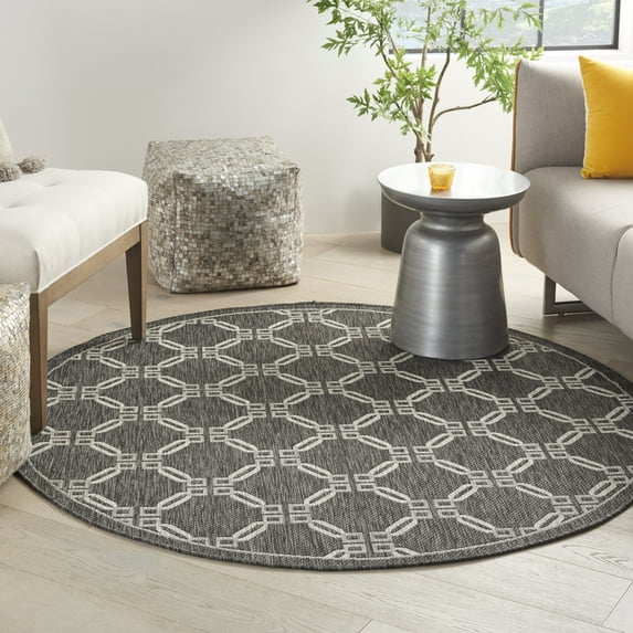 Nourison Garden Party Indoor/Outdoor Traditional Trellis Charcoal 5'3" x round Area Rug, (5' Round)