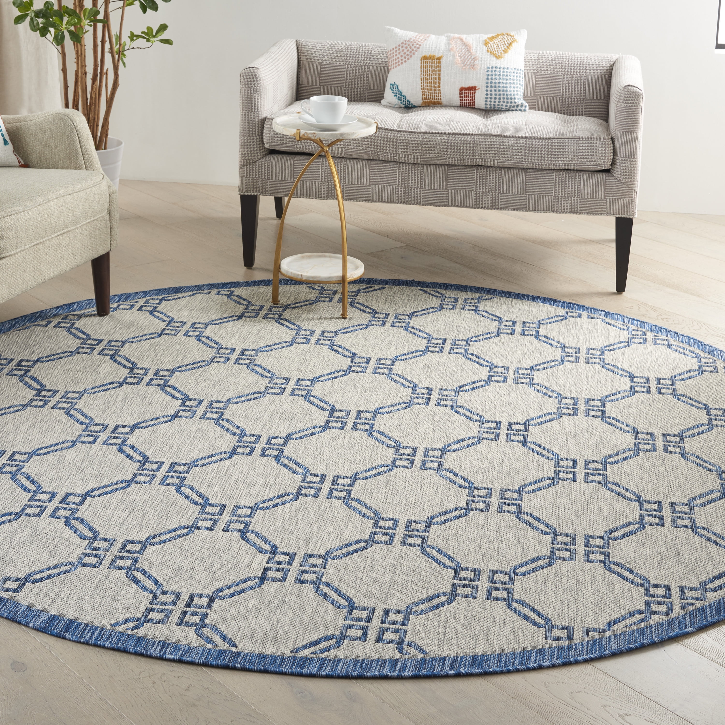 Nourison Garden Party Indoor/Outdoor Traditional Trellis Ivory Blue 7'10" x round Area Rug, (8' Round)