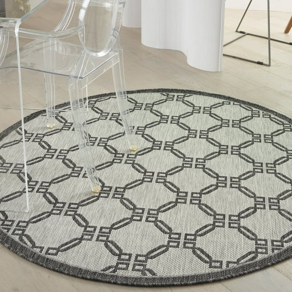 Nourison Garden Party Indoor/Outdoor Traditional Trellis Ivory/Charcoal 5'3" x round Area Rug, (5' Round)