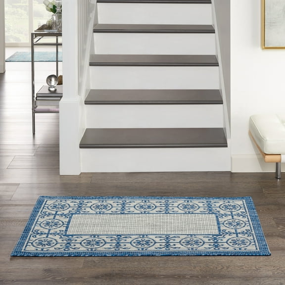Nourison Garden Party Indoor/Outdoor Transitional Bordered Ivory Blue 2'2" x 3'9" Area Rug, (2' x 4')