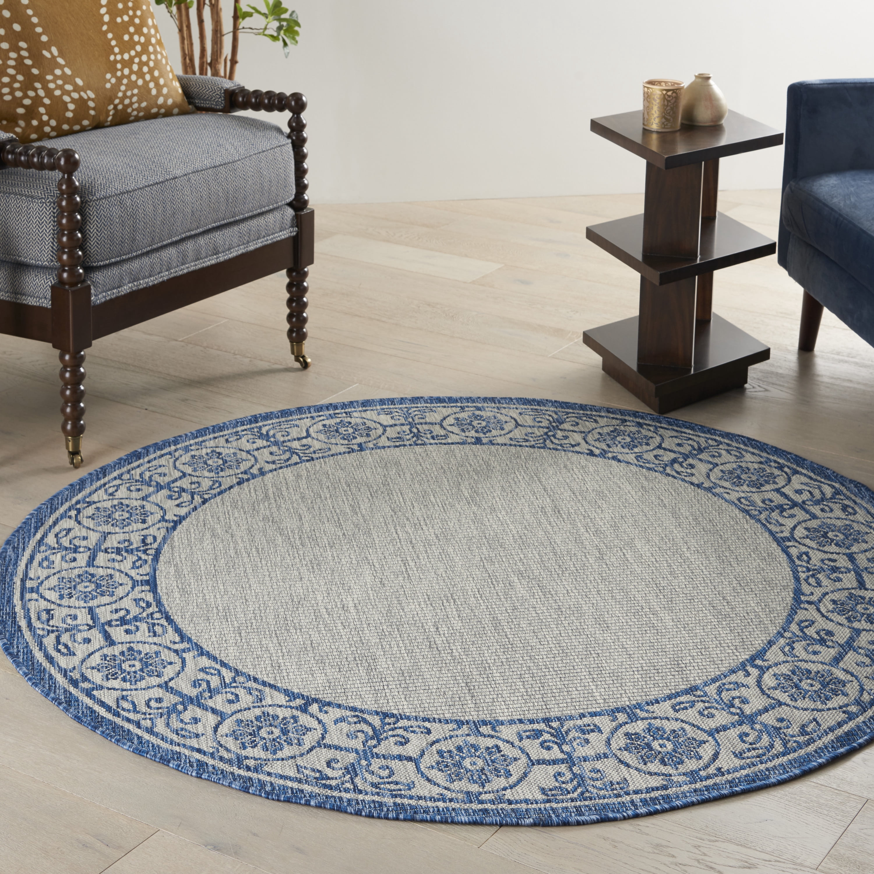 Nourison Garden Party Indoor/Outdoor Transitional Bordered Ivory Blue 5 ...
