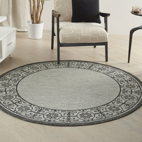 Nourison Garden Party Indoor/Outdoor Transitional Bordered Ivory/Charcoal 5'3" x round Area Rug, (5' Round)