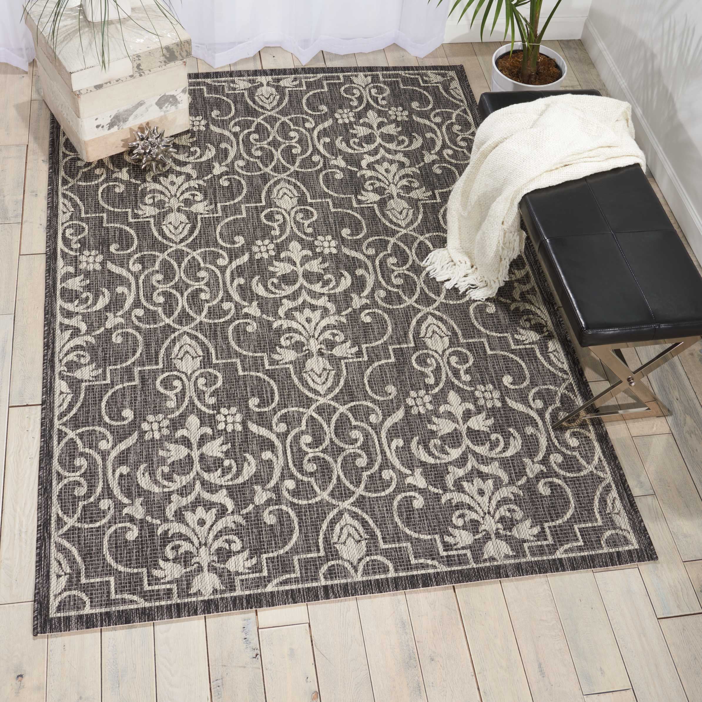 Nourison Garden Party Indoor/Outdoor Transitional Damask Charcoal 3'6" x 5'6" Area Rug, (4' x 6')