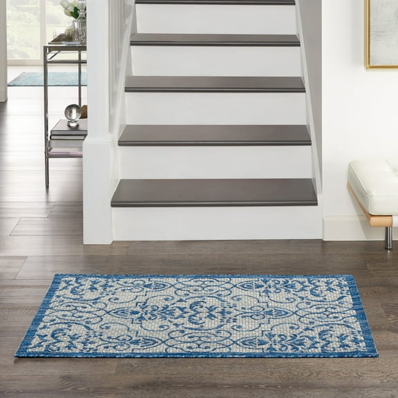 Nourison Garden Party Indoor/Outdoor Transitional Damask Ivory/Blue 2'2" x 3'9" Area Rug, (2' x 4')
