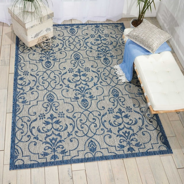 Nourison Garden Party Indoor/Outdoor Transitional Damask Ivory/Blue 5'3 ...