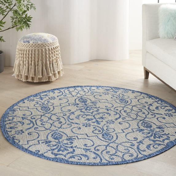 Nourison Garden Party Indoor/Outdoor Transitional Damask Ivory/Blue 5'3" x round Area Rug, (5' Round)
