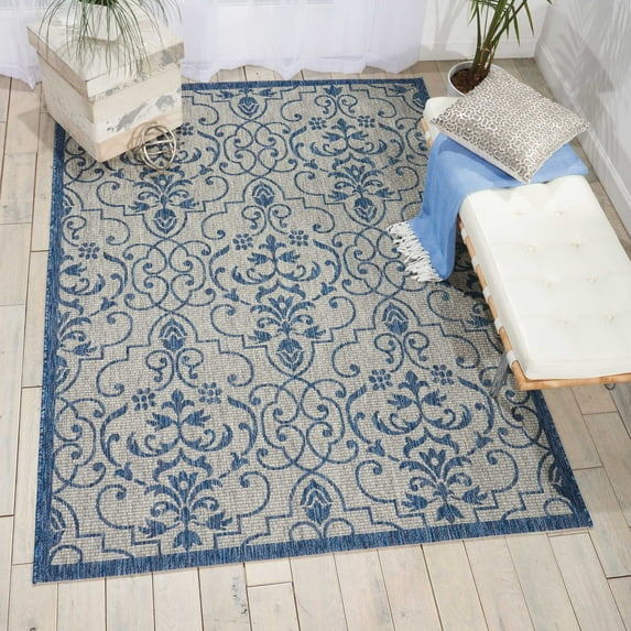 Nourison Garden Party Indoor/Outdoor Transitional Damask Ivory/Blue 7'10" x 10'6" Area Rug, (8' x 11')