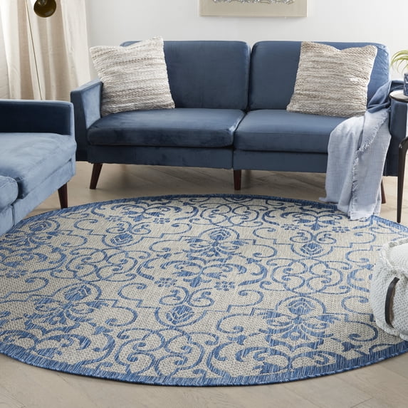 Nourison Garden Party Indoor/Outdoor Transitional Damask Ivory/Blue 7'10" x round Area Rug, (8' Round)