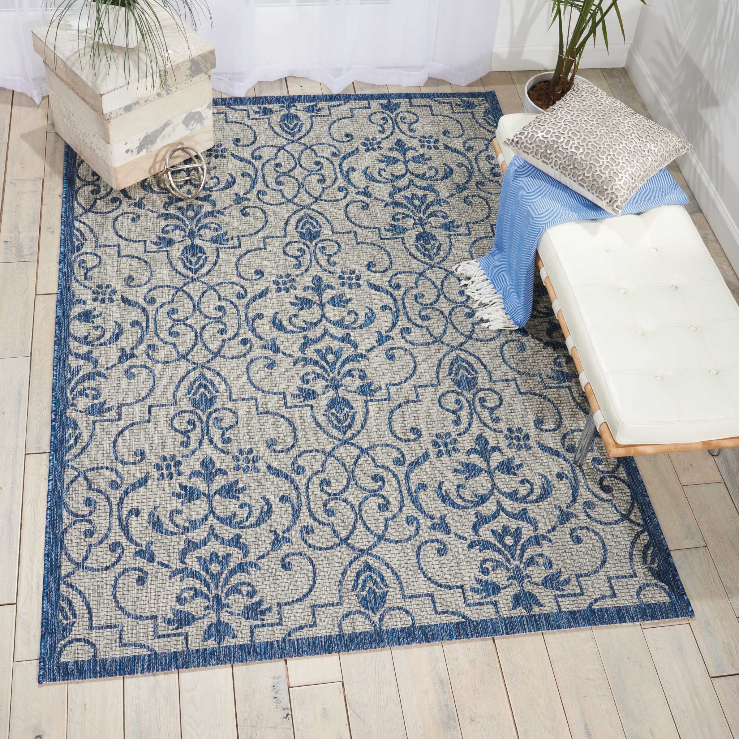 Nourison Garden Party Indoor/Outdoor Transitional Damask Ivory/Blue 9'6" x 13' Area Rug, (10' x 13')