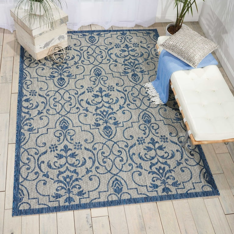 10' x 13' Blue and Gray Damask Indoor Outdoor Area Rug 10' x 13' Blue and Gray Damask Indoor Outdoor Area Rug