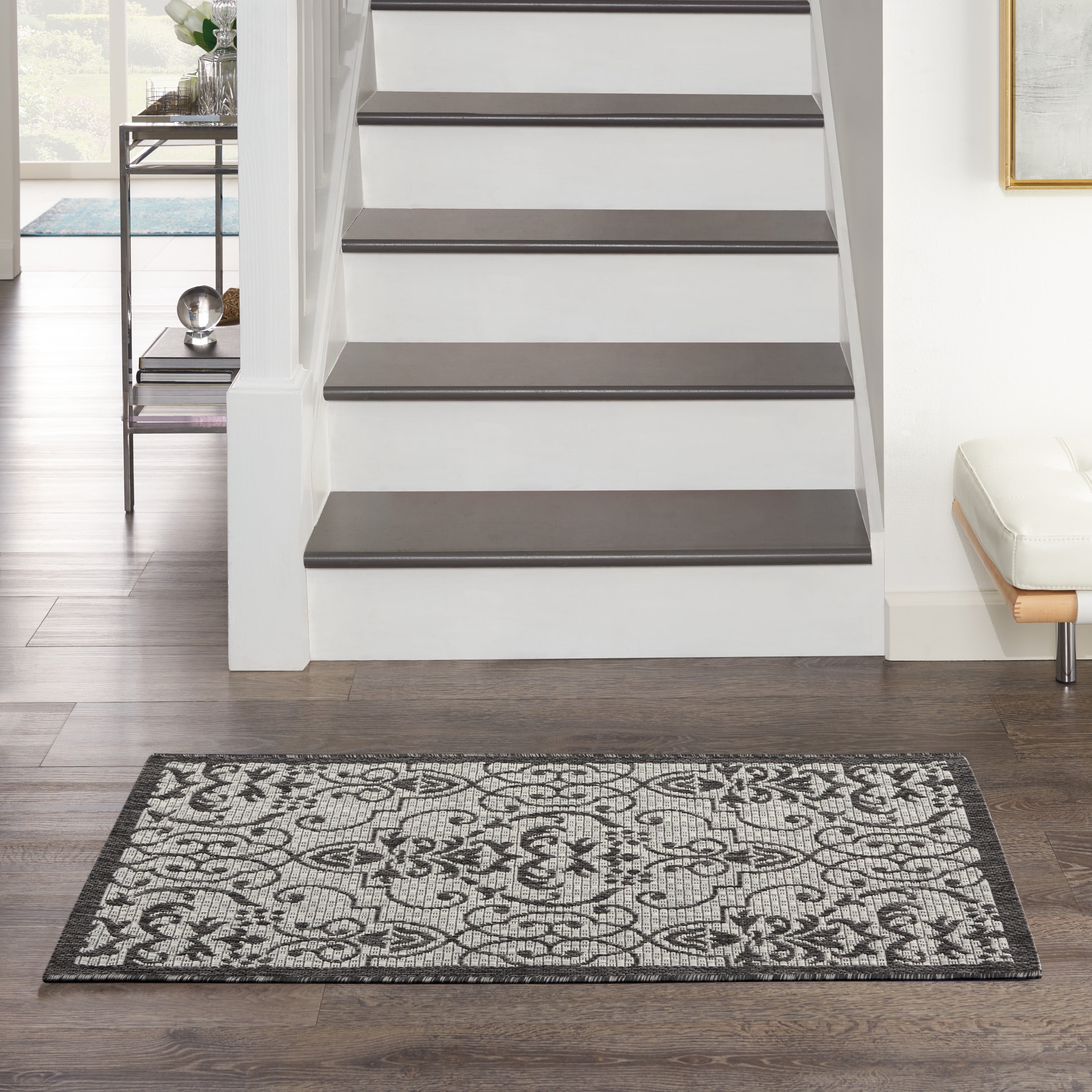 Nourison Garden Party Indoor/Outdoor Transitional Damask Ivory/Charcoal 2'2" x 3'9" Area Rug, (2' x 4')
