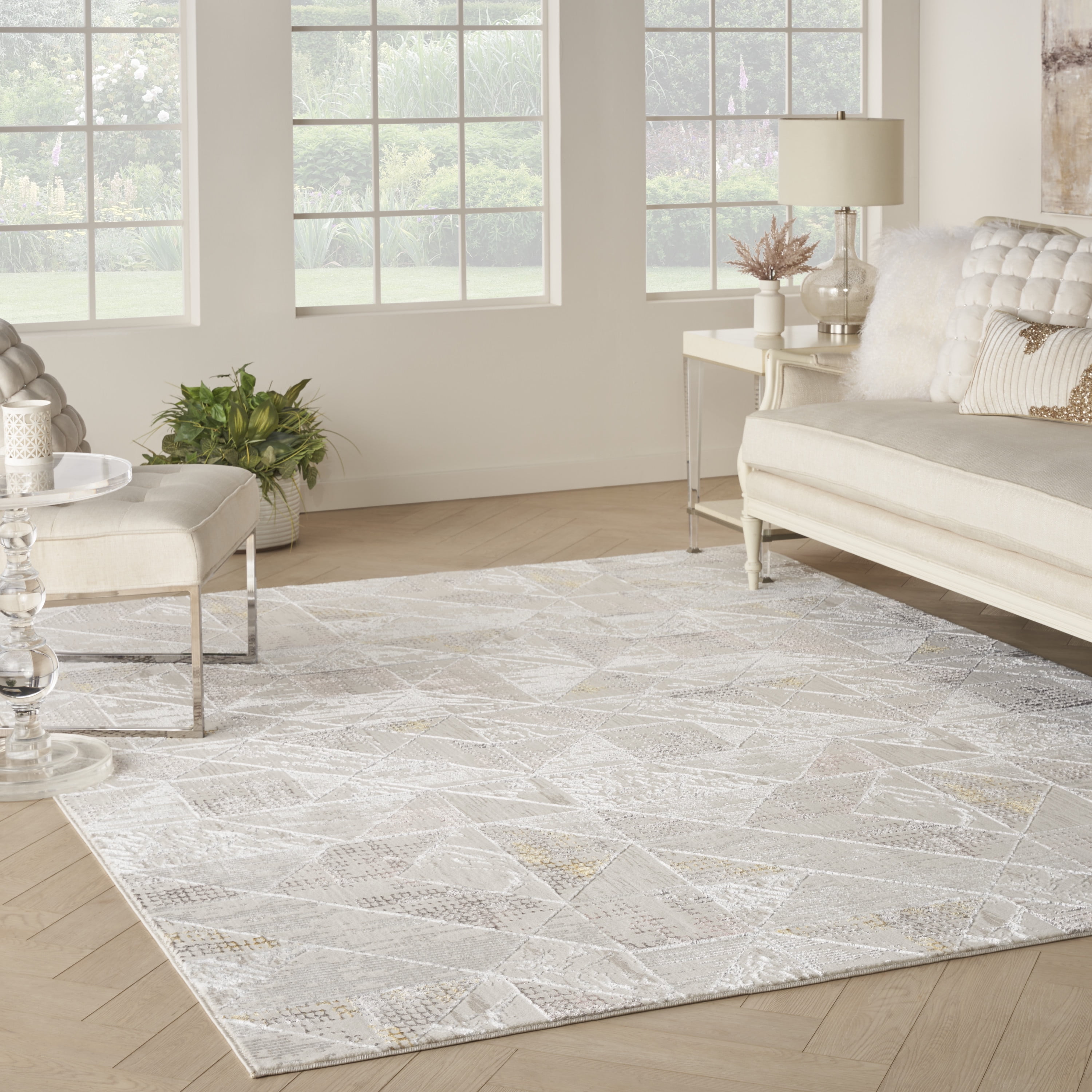 Ivory Abstract Shimmer 9' x 12' Easy-Care Synthetic Rug