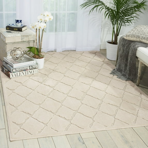 Nourison Gleam Diamond Area Rug Ivory 9'3" x 12'9" Polyester Trellis 10' x 14' Indoor N/A Rectangle
