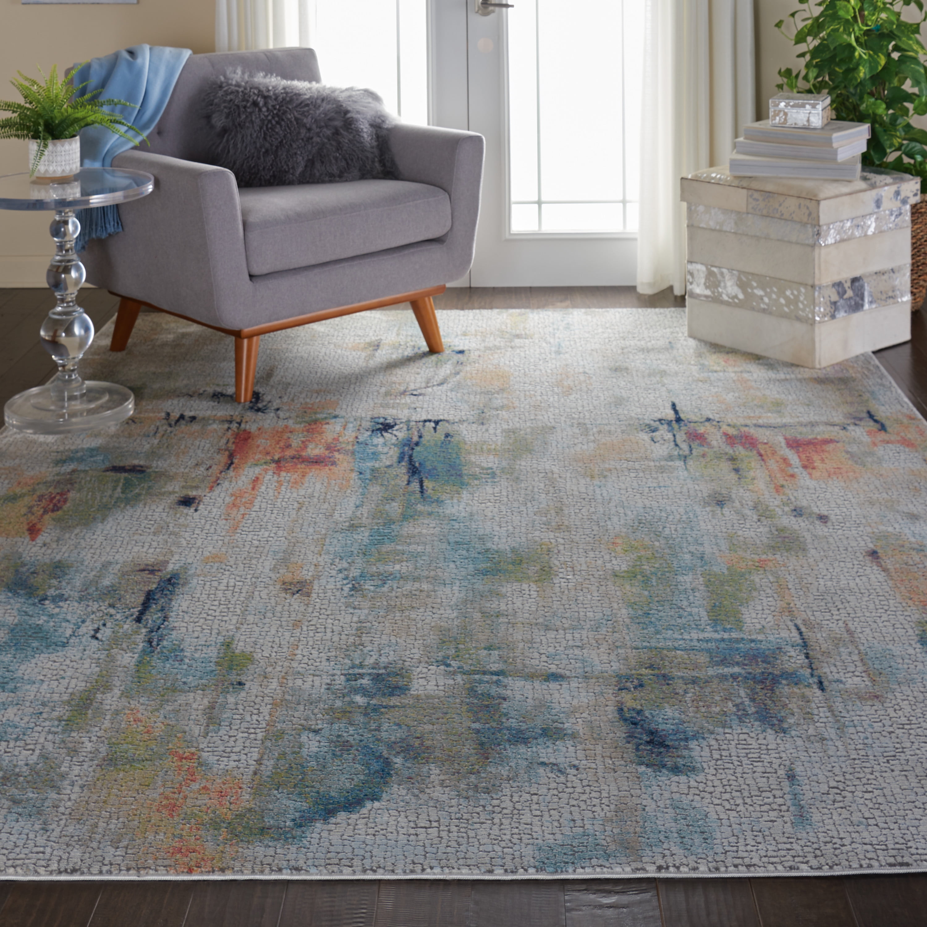 Ivory and Multicolor Abstract Round Synthetic Area Rug
