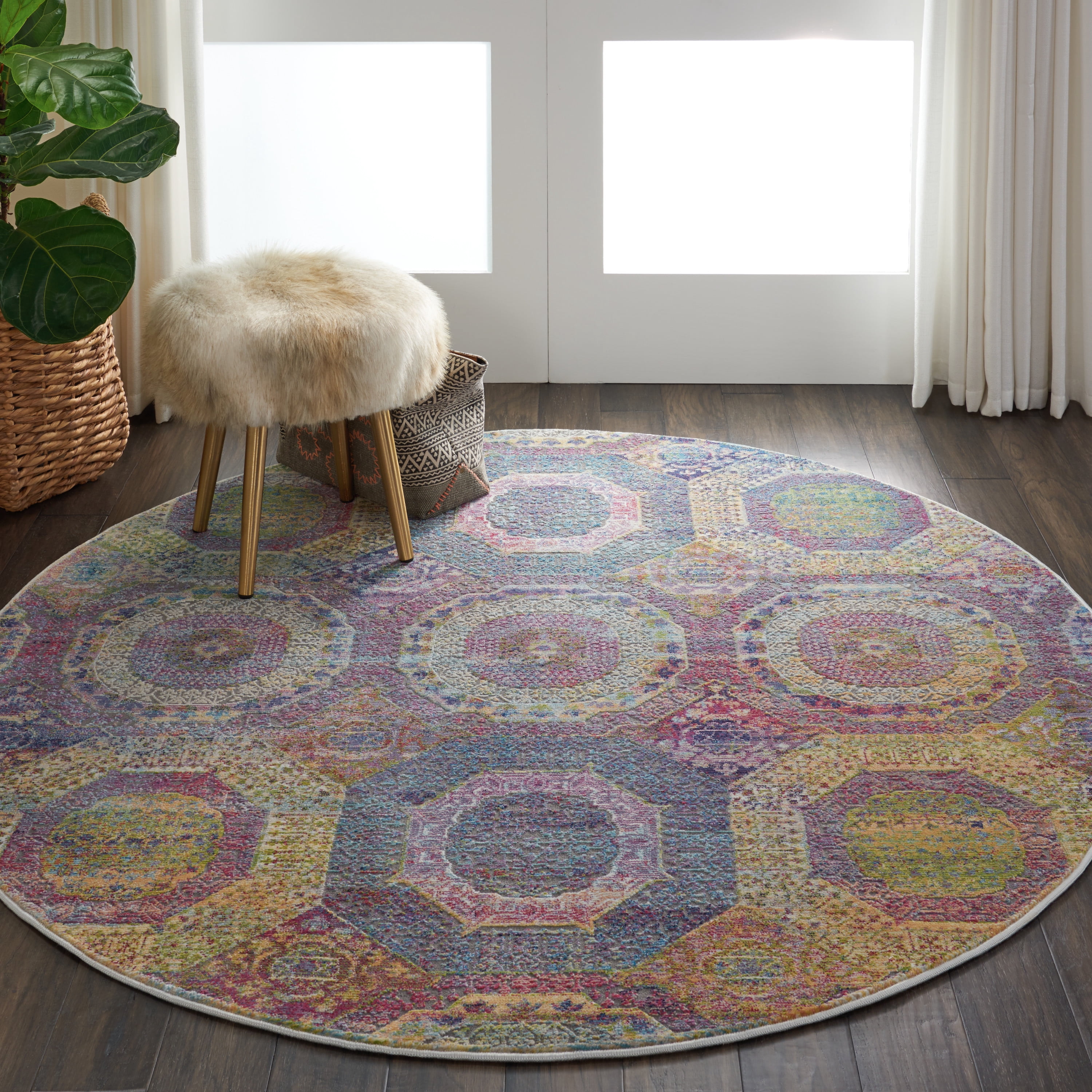 Large Round Area Rug Colorful Nourison Global Vintage Bohemian Multicolor 6' x ROUND Area Rug, (6 ...
