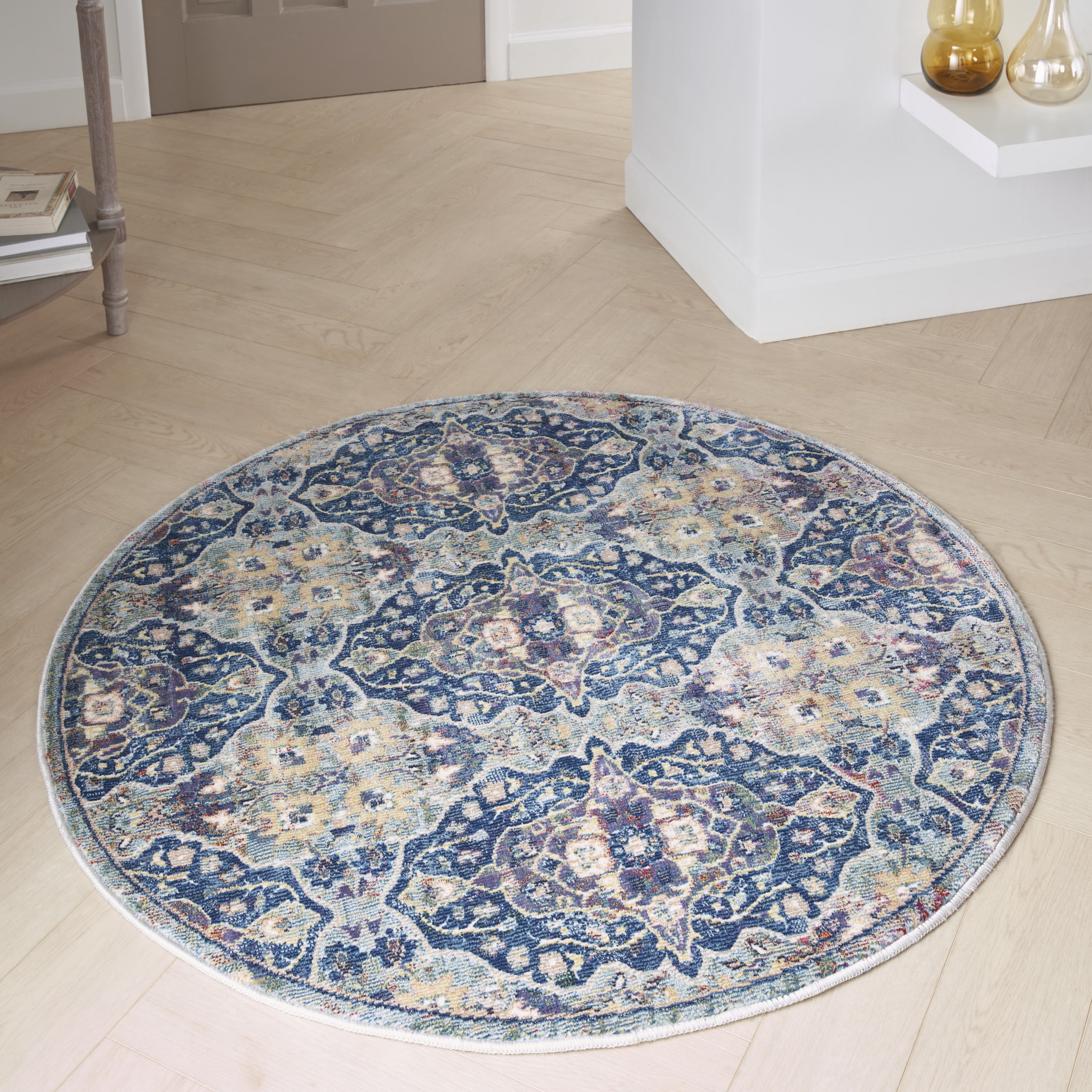 Transitional Floral Arabesque Multicolor 4' Round Synthetic Rug