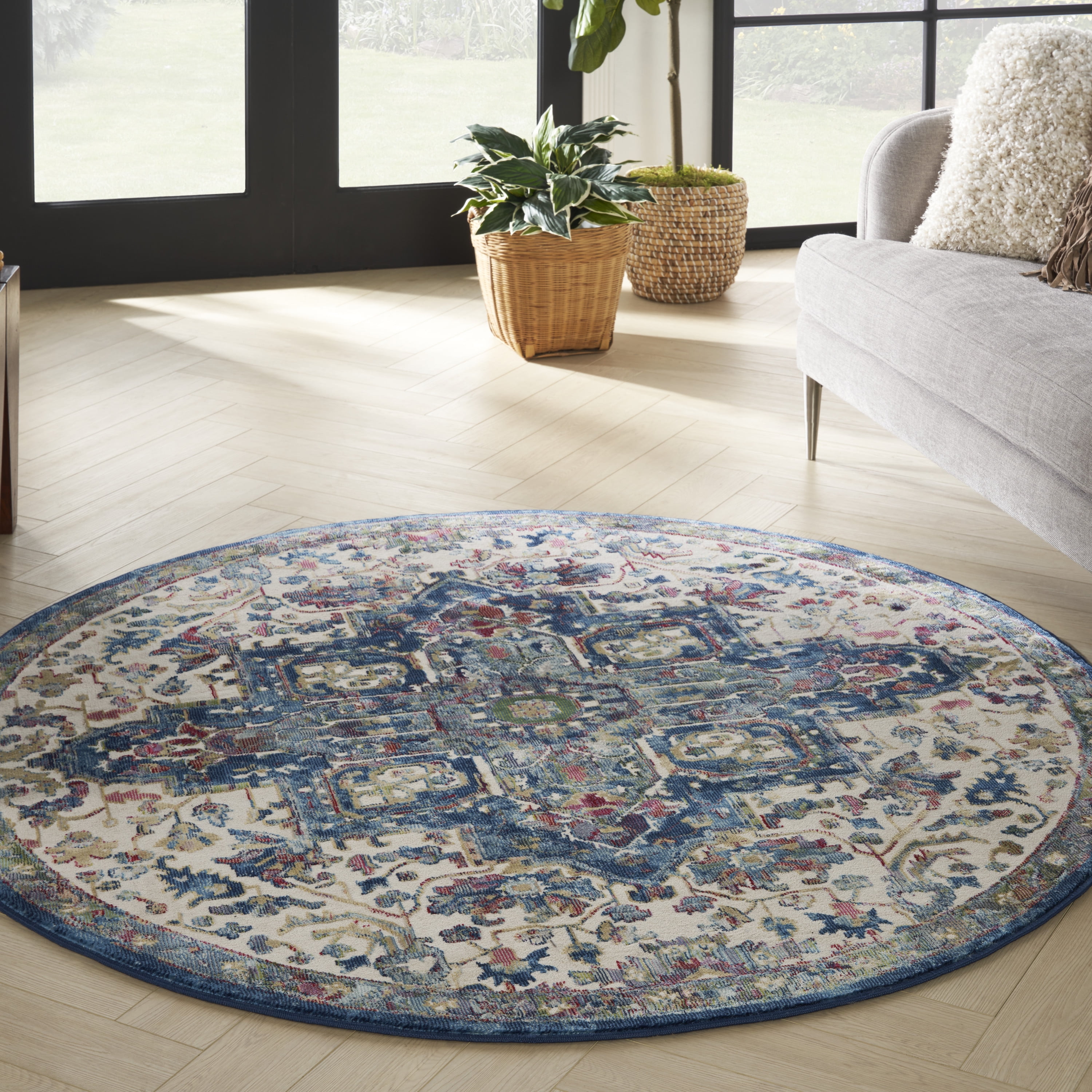 Ivory and Navy Round Medallion Synthetic Rug, 6' Diameter