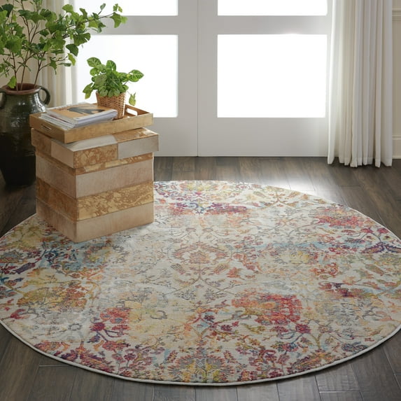 Nourison Global Vintage Distressed Farmhouse Ivory/Orange 6' x ROUND Area Rug, (6' Round)