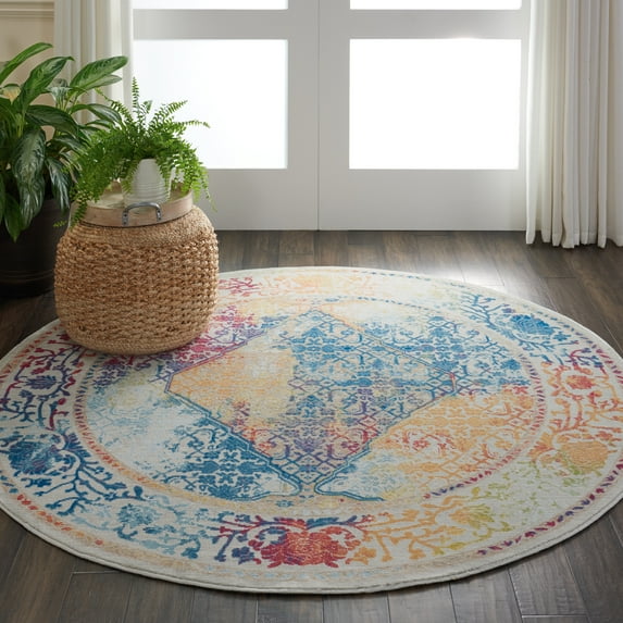 Nourison Global Vintage Distressed Ivory/Multicolor 6' x ROUND Area Rug, (6' Round)